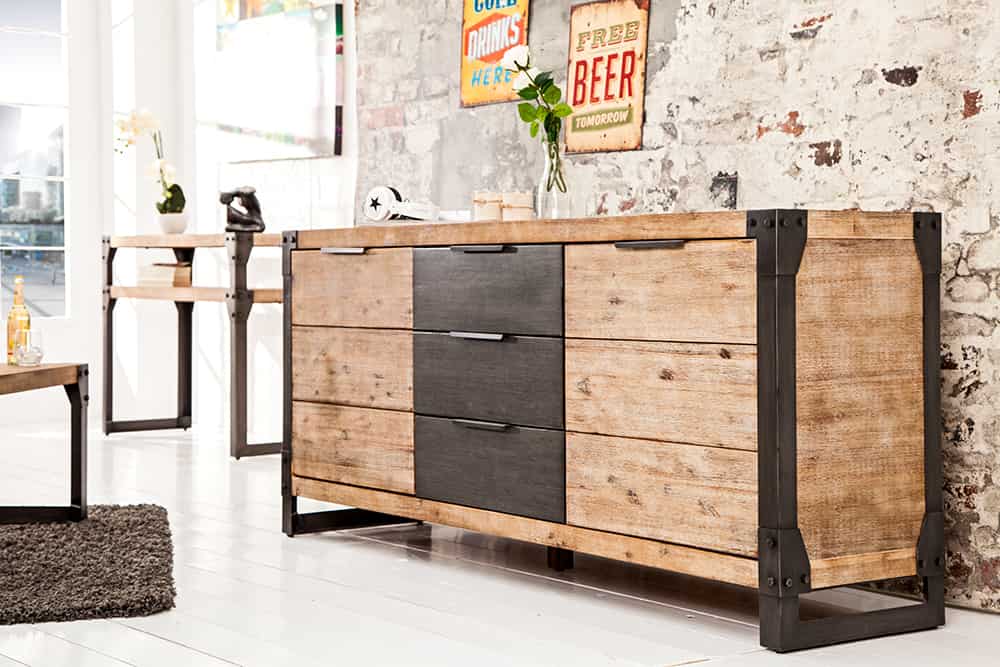 Industrial Sideboard FACTORY 180cm Akazie Massivholz weiß gekälkt Kommode mit Schubladen