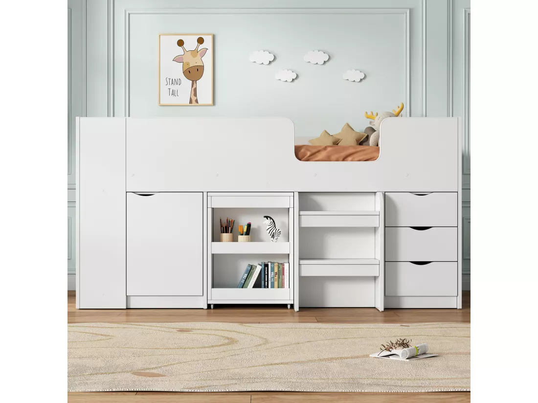 Lit mezzanine 90 x 200 cm avec bureau coulissant, 3 tiroirs et 1 porte - Bois MDF - Blanc (sans matelas)