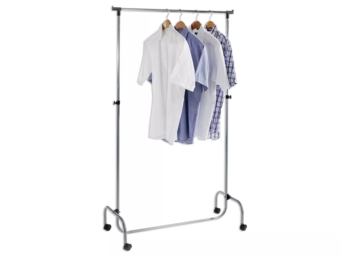 Portant à vêtements TIGER penderie simple sur roulettes vestiaire mobile 1 barre de hauteur réglable, en métal chromé et aluminium