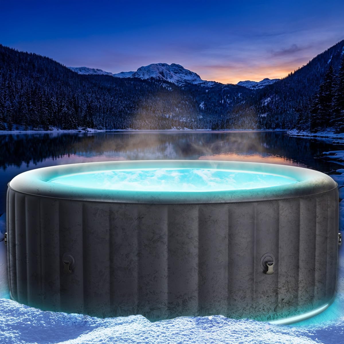 BRAST Whirlpool aufblasbar MSpa Aurora mit LED-Beleuchtung für 6 Personen Ø204x70cm In- Outdoor Pool 138 Massagedüsen Energiespar-Timer Heizung Bubble Wellness Massage