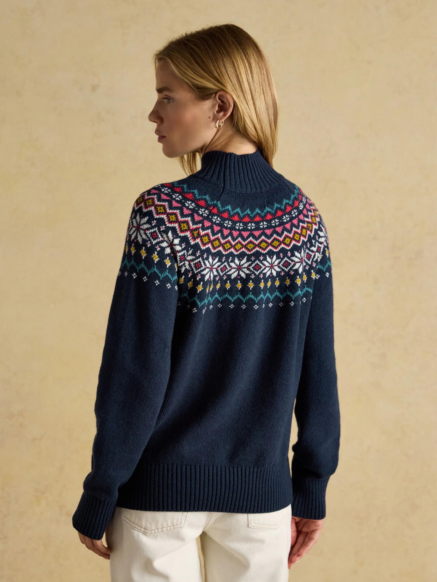 Marineblauw - Joules Alba Fair Isle High Neck Cotton-Blend Jumper