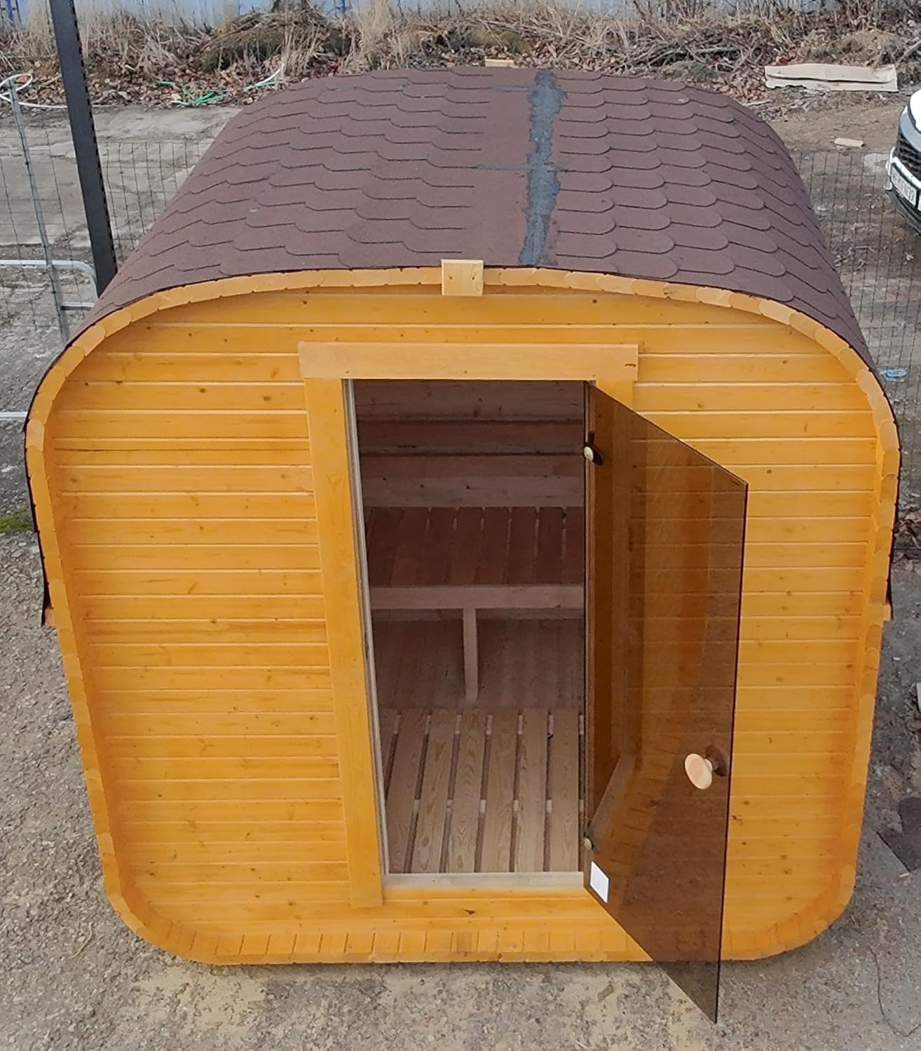 1QL Fasssauna Gartensaunas Garten Outdoor Sauna aus Fichtenholz – Verschiedene Größen (3–4 Personen) – mit Holzofen ETNA