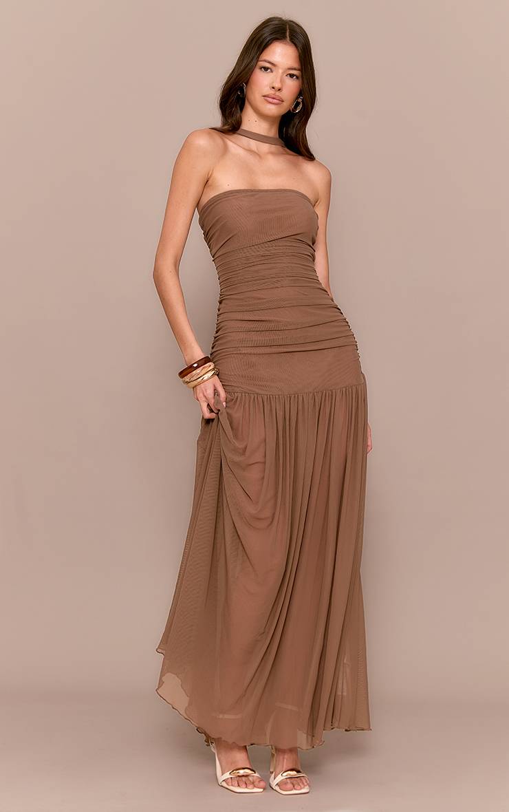 Chocolat Robe Maxi Taille Basse Avec Foulard Froncé