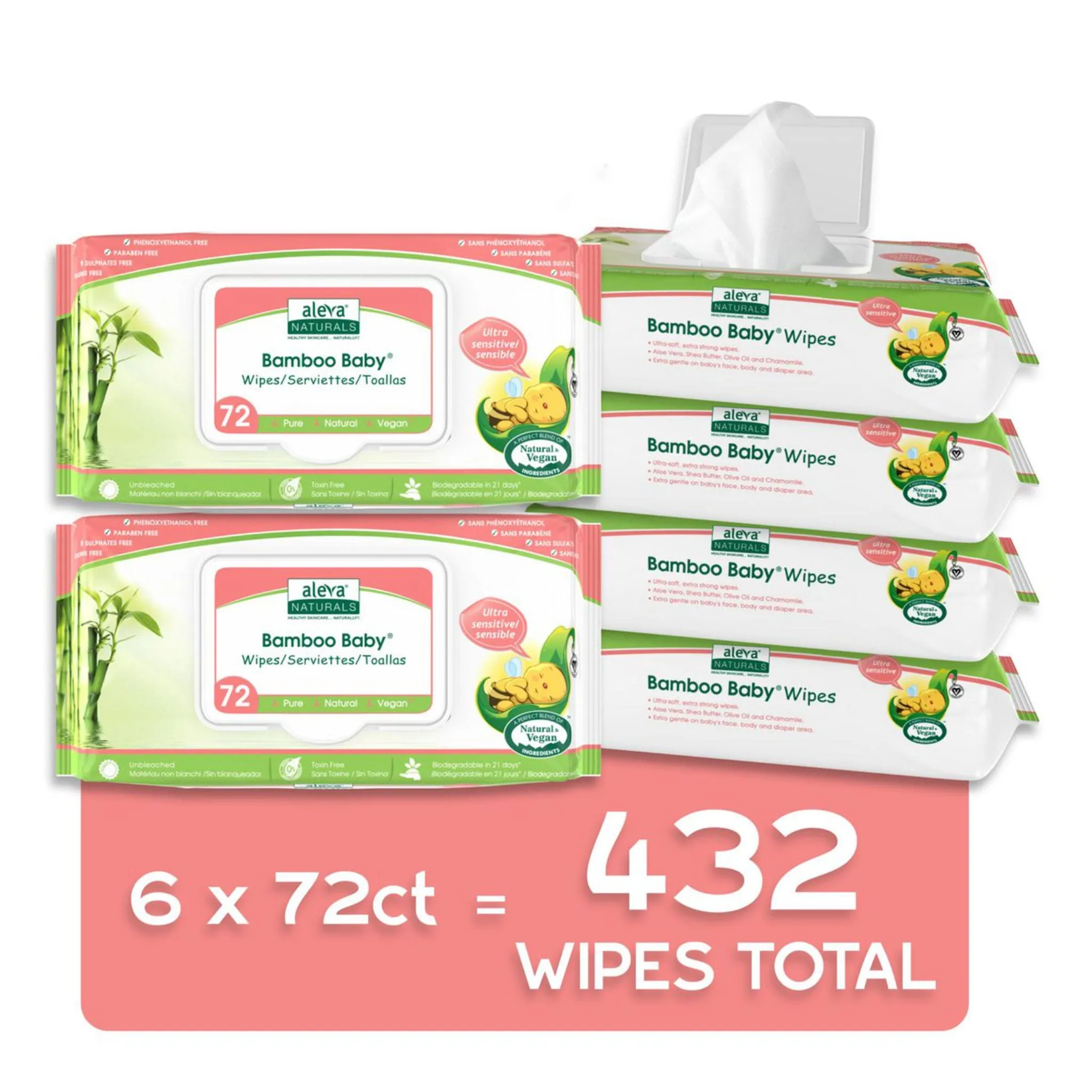 Aleva Naturals Serviettes Ultra-Sensible Bamboo Baby - 6 paquets de 72 (432)
