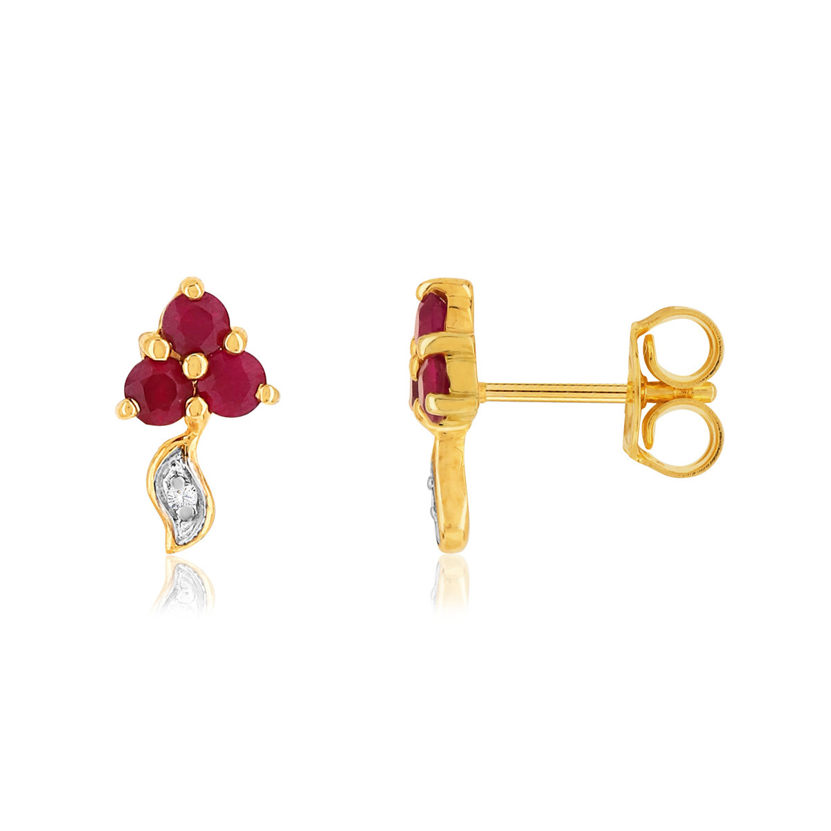 Boucles d'oreilles or 375 2 tons fleurs rubis et diamants