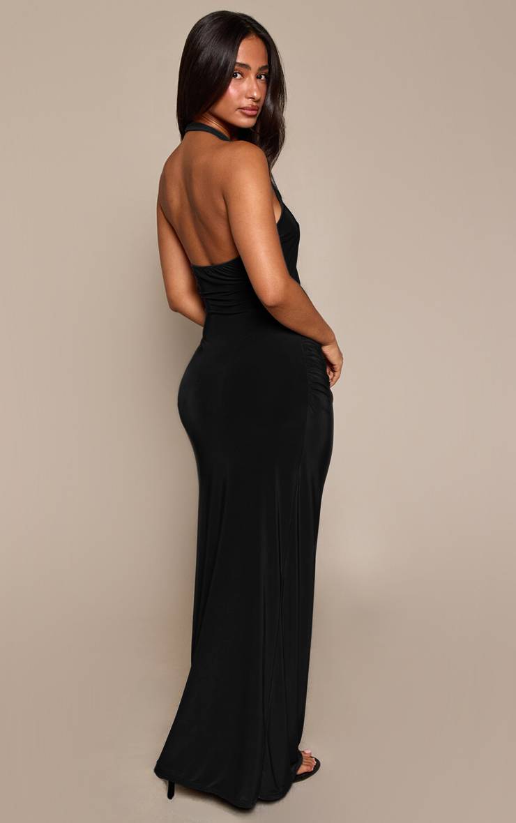 Noir Robe Maxi Moulante Froncée À Encolure Licou Croisée Décolletée Petite