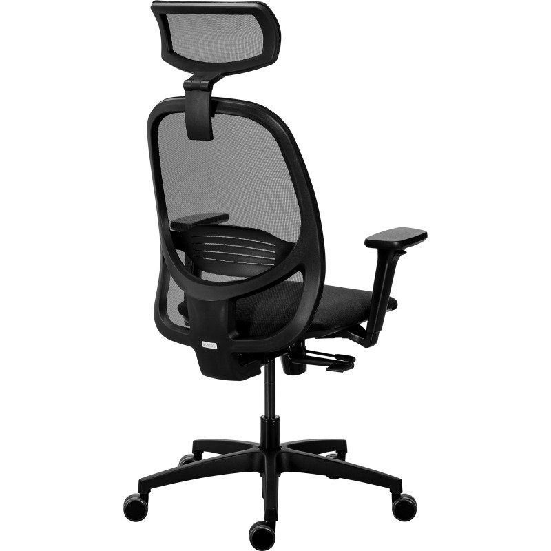 Chaise de bureau ergonomique NODI Noir, tissu et maille, avec accoudoirs 3D et appui-tête, mécanisme synchrone + réglage profondeur d'assise, pieds noirs