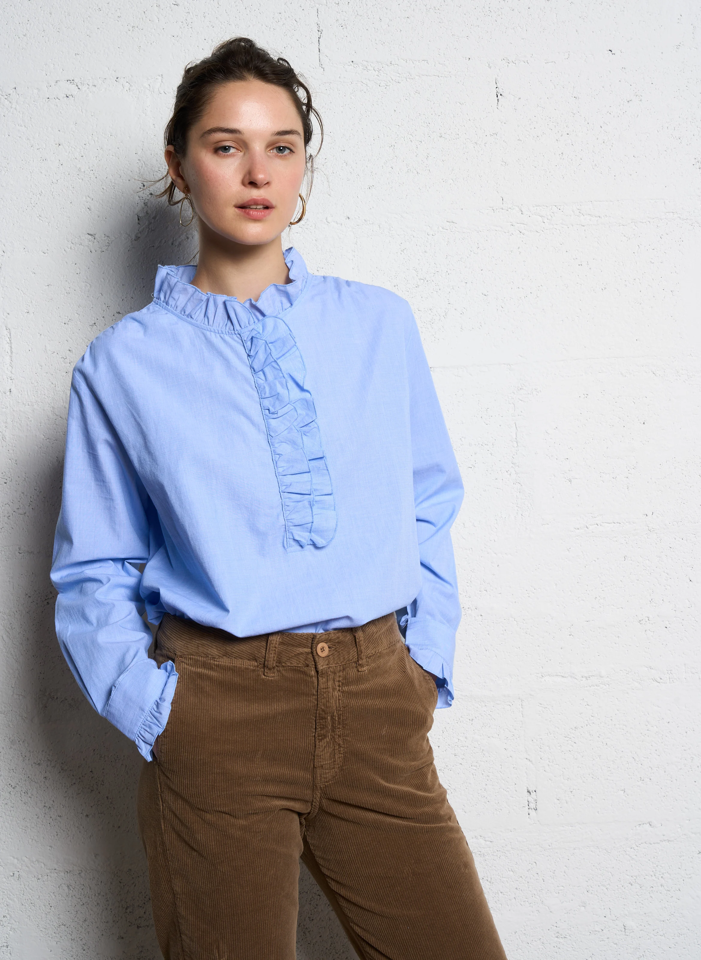 LALA - Blouse col montant en coton | Bleu
