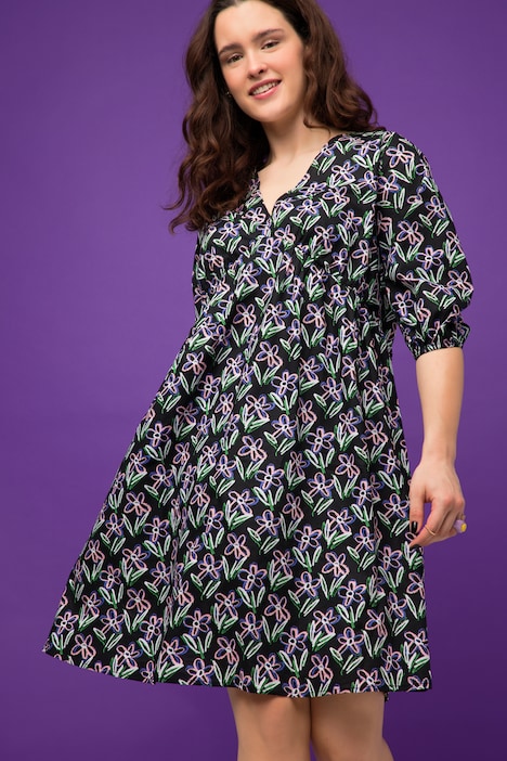 Minikleid, A-Line, Flower Print, V-Ausschnitt, weite 3/4-Ärmel