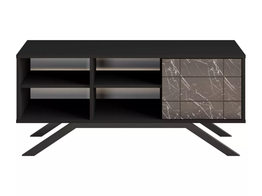 Meuble TV North 130 cm avec cabinet et étagès, pieds en métal (Noir et Effet marbre noir)