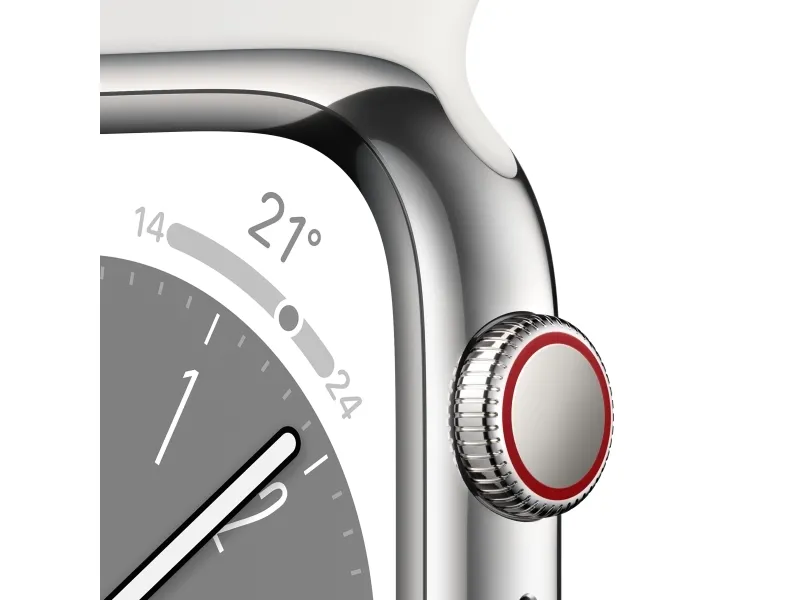 Apple Watch Series 8 (GPS   Cellular) - 41 mm - sølv rustfrit stål - smart ur med sportsbånd - fluoroelastomer - hvid - båndstørrelse: Almindelig - 32 GB - Wi-Fi, Bluetooth, LTE, UWB - 4G - 42.3 g