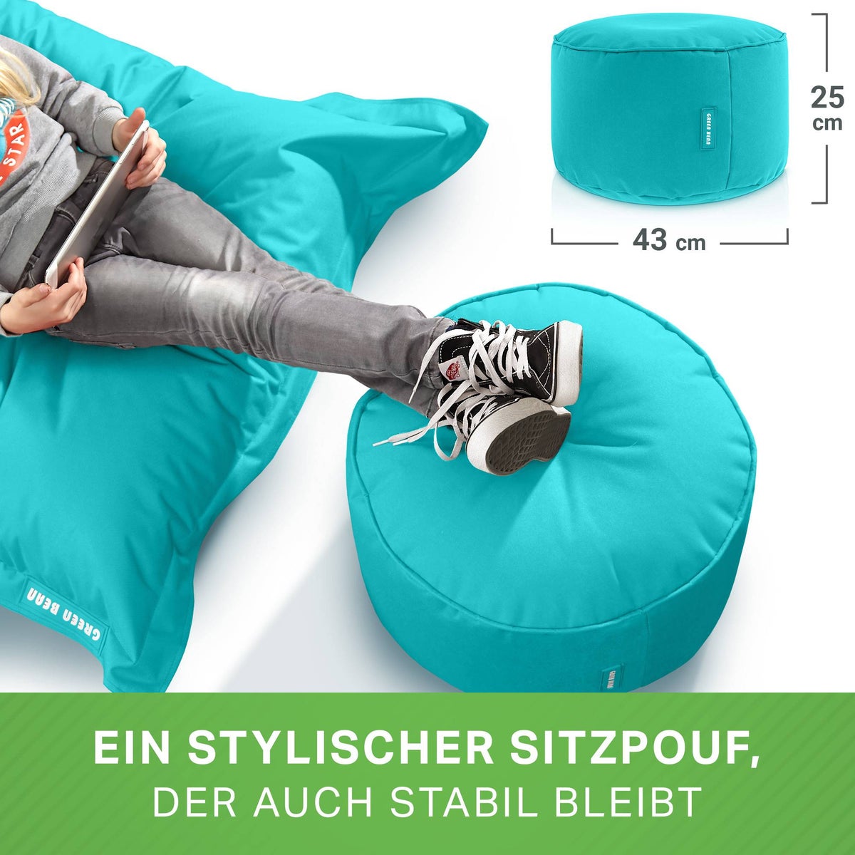 Groene Bonen Zitzak Kruk 45x25cm met EPS-korrelvulling - Voetenbank Voetkussen Zitpoef voor Zitzakken - Vloerkussen voor Kinderen en Volwassenen - Voetsteun Zitkussen Zitkruk Turquoise