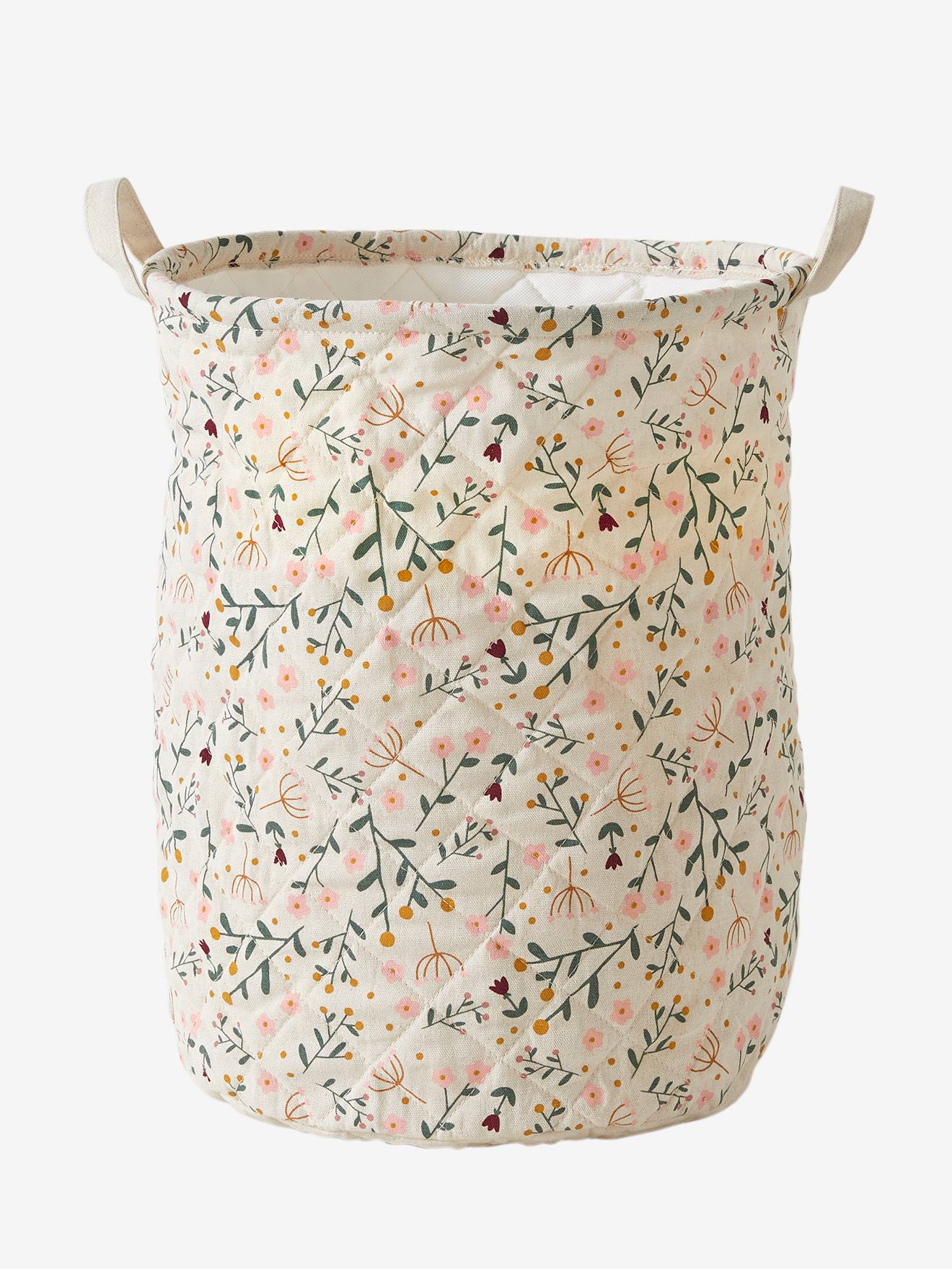 Cesta acolchoada com estampa floral bege clara