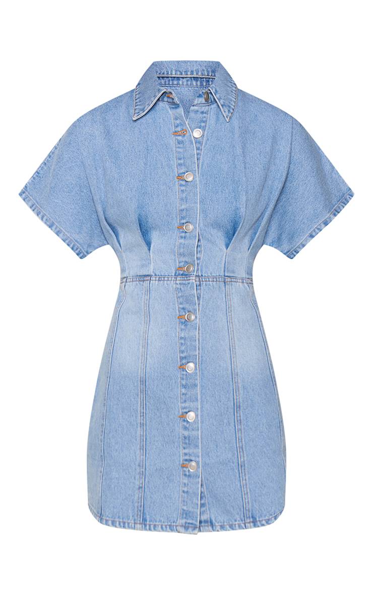Bleu Moyen Délavé Robe En Denim À Basque Bleu Moyen Avec Détails De Coutures