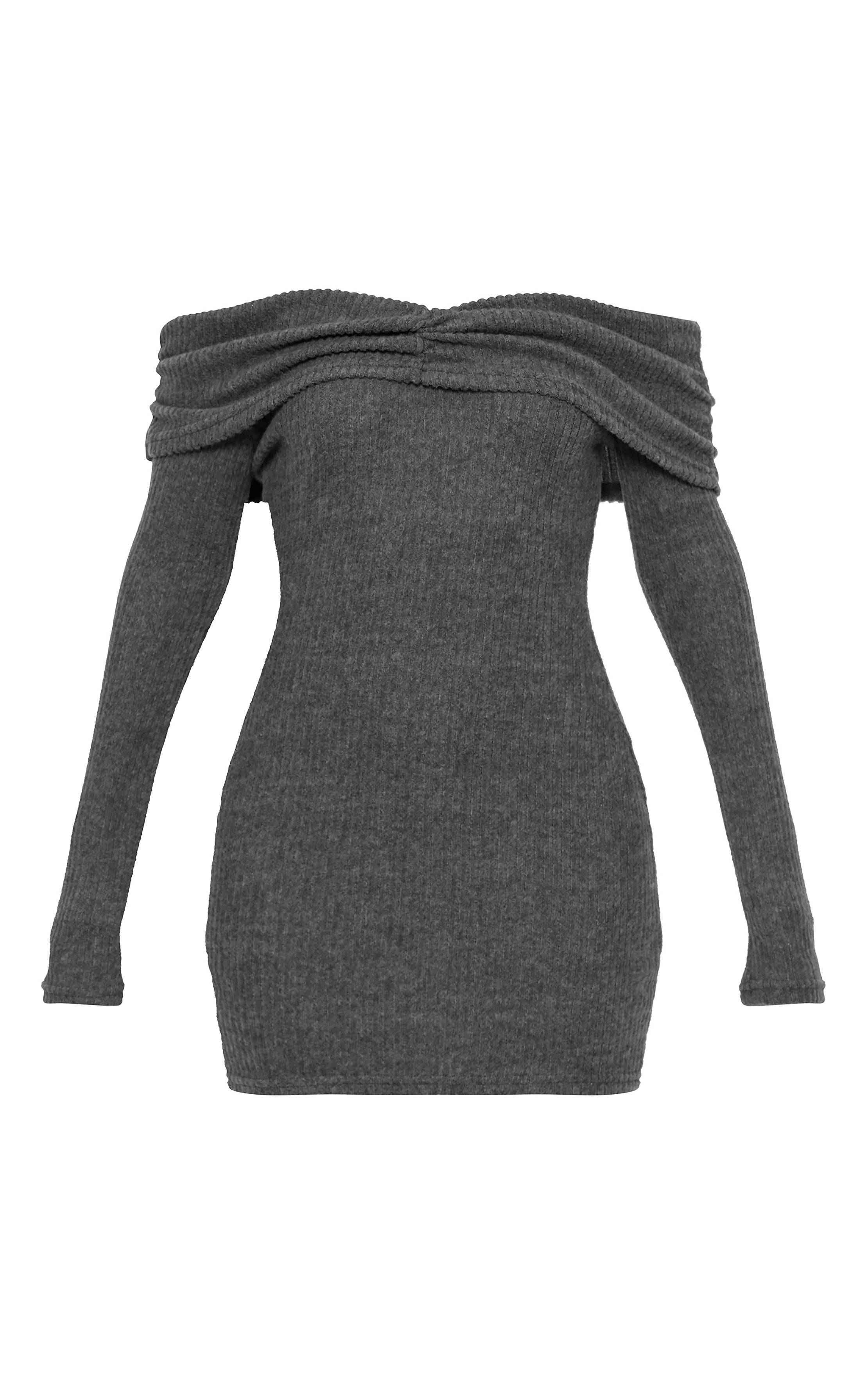 Gris Robe Moulante À Manches Longues Côtelée Brossée Col Bardot