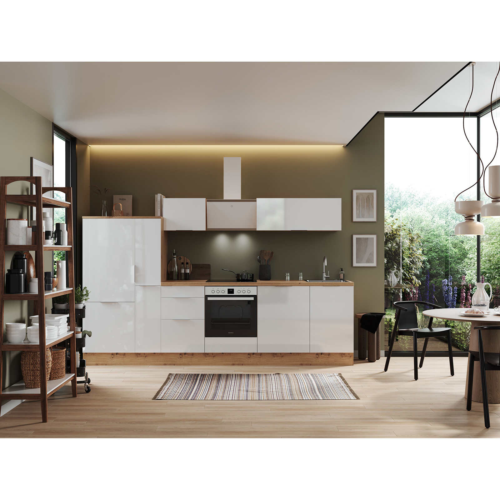 RESPEKTA Küchenblock - weiß Hochglanz - Artisan Eiche - mit E-Geräten - 310 cm