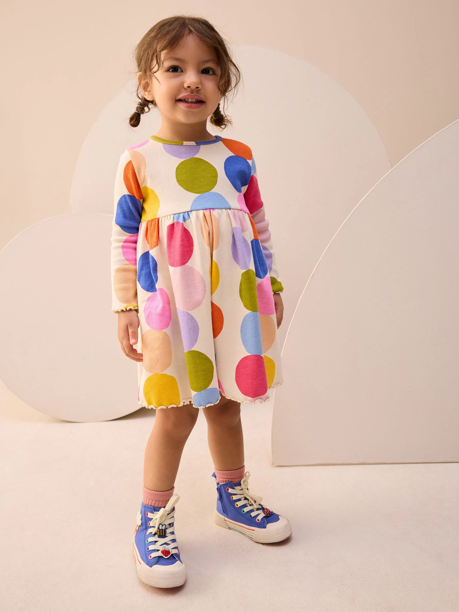 Regenboogstippen - Geribbelde jurk met lange mouwen (3mnd-7jr)
