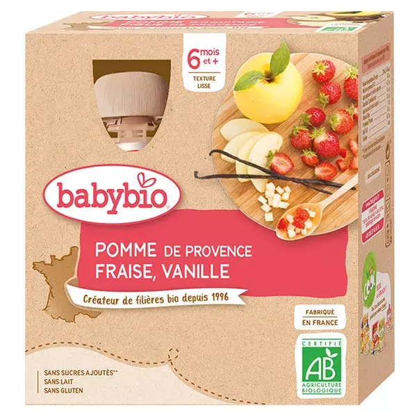Babybio Frutas Maçã Morango Baunilha Sachê +6m Orgânico 4 x 90g