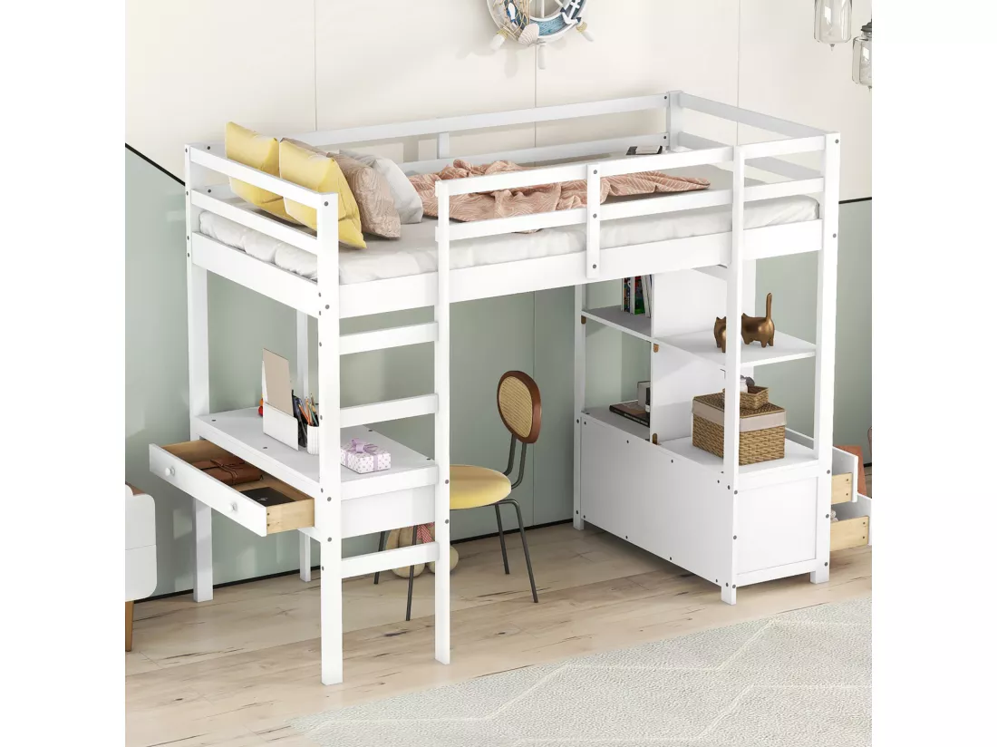 Lit mezzanine 90x200cm pour enfant - lit surélevé avec tiroirs de rangement, bureau et bibliothèque de rangement sous le lit - blanc