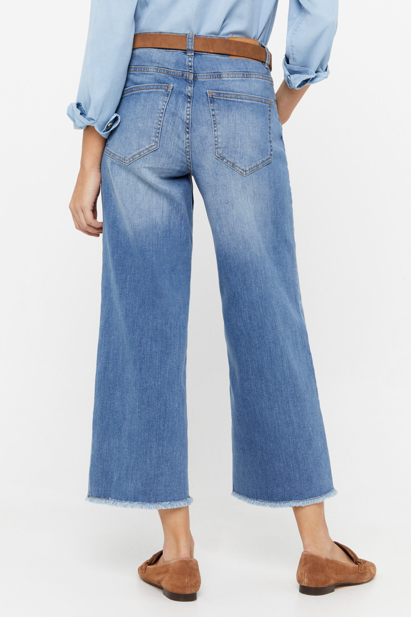 Calça jeans palazzo de 5 bolsos - Azul escuro