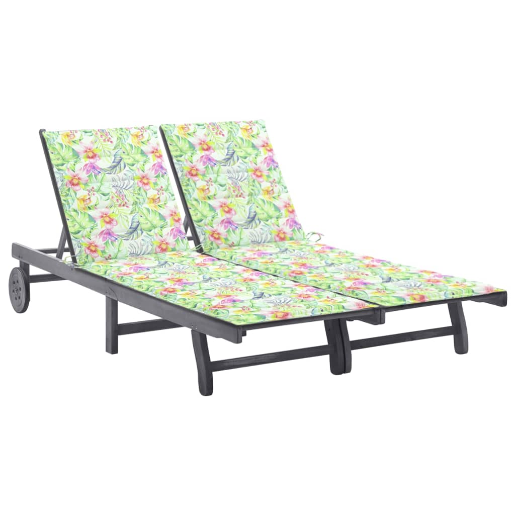 Transat chaise longue bain de soleil lit de jardin terrasse meuble d'extérieur 2 places avec coussin gris acacia