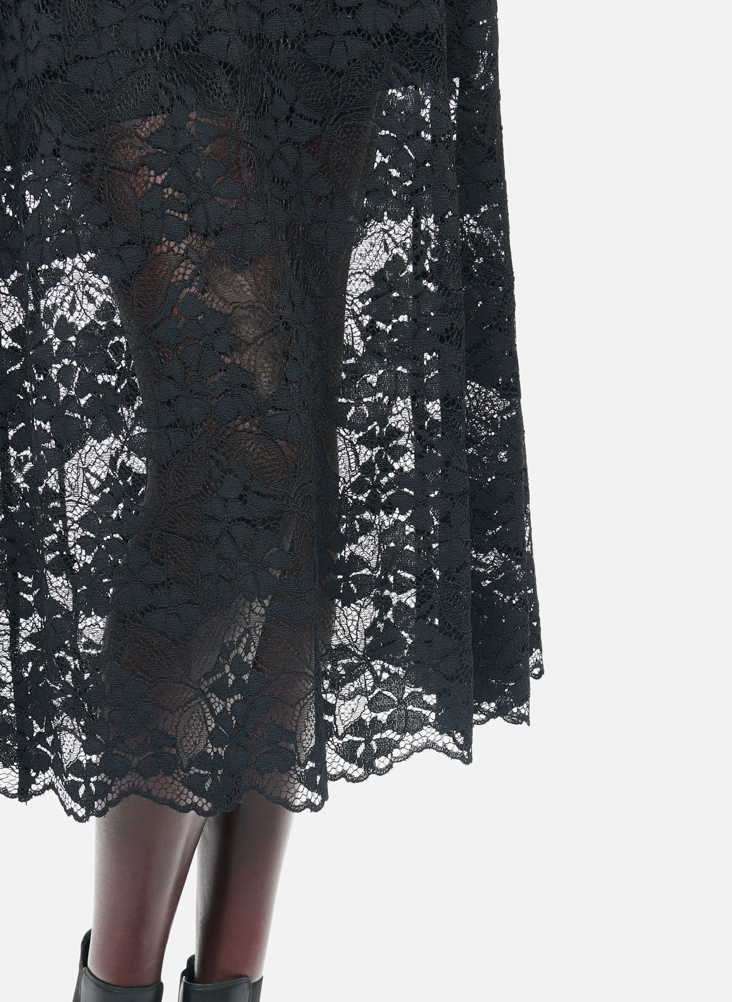 Robe midi col rond en dentelle | Noir