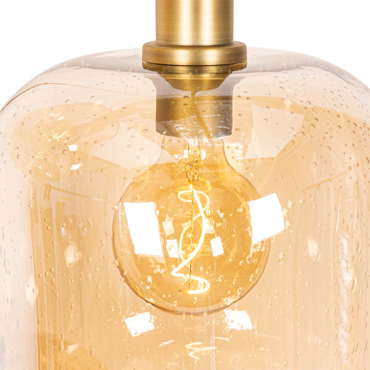 Smart hanglamp zwart met messing en amber glas 3-lichts incl. 3 Wifi G95 - Zuzanna