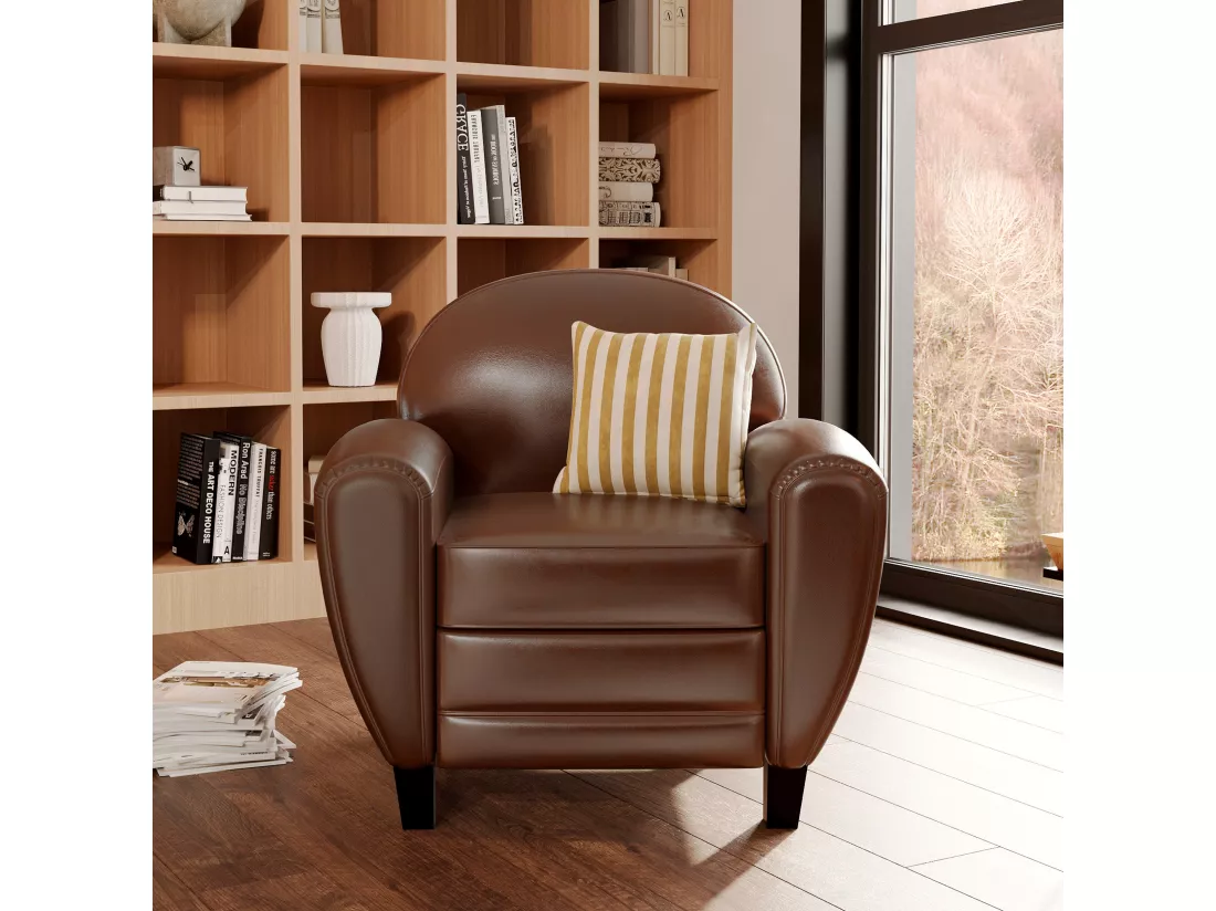 Fauteuil marron en croute de cuir enduite - Club