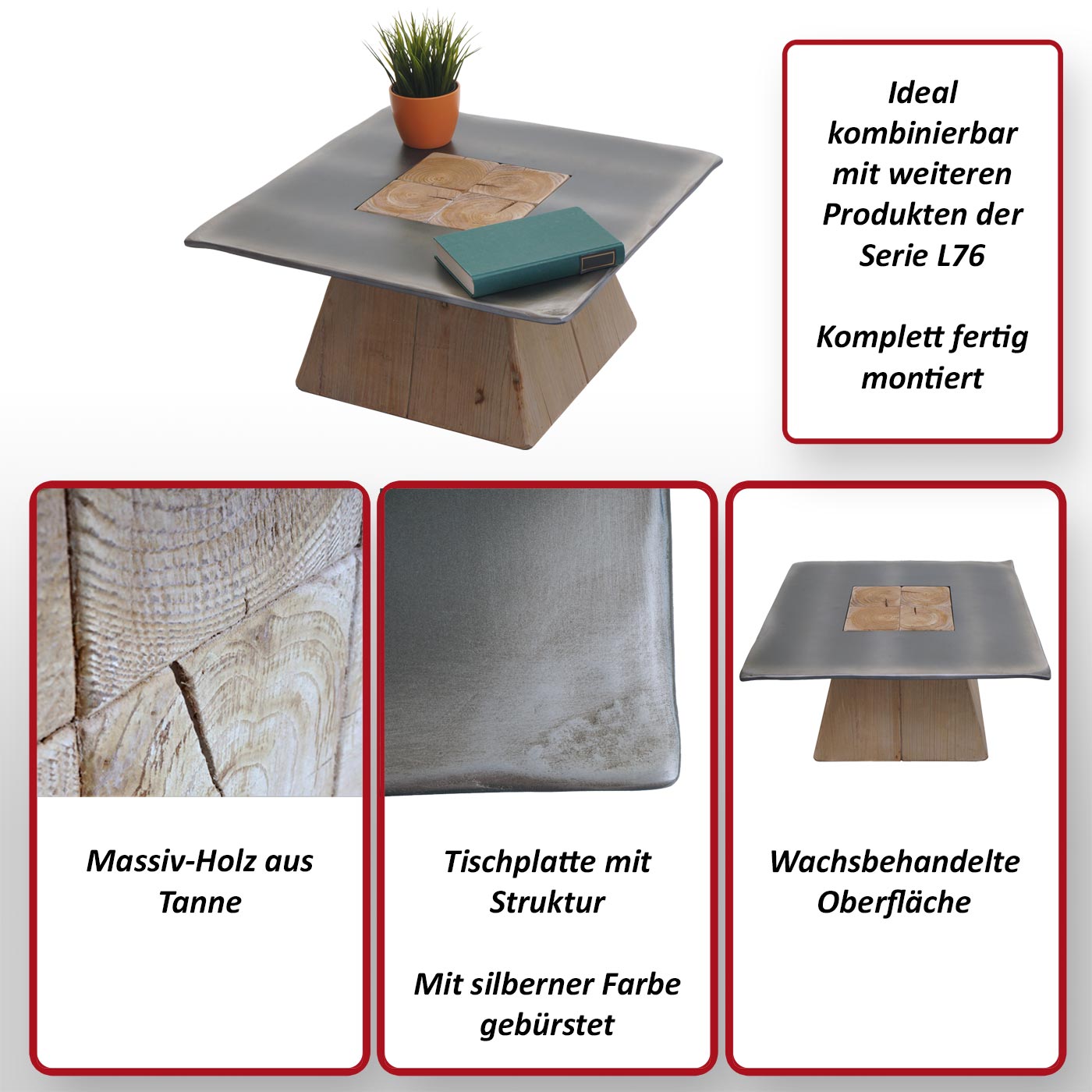 Couchtisch MCW-L76, Wohnzimmertisch Beistelltisch, Industrial Massiv-Holz MVG, 60x60cm natur mit Metall-Optik