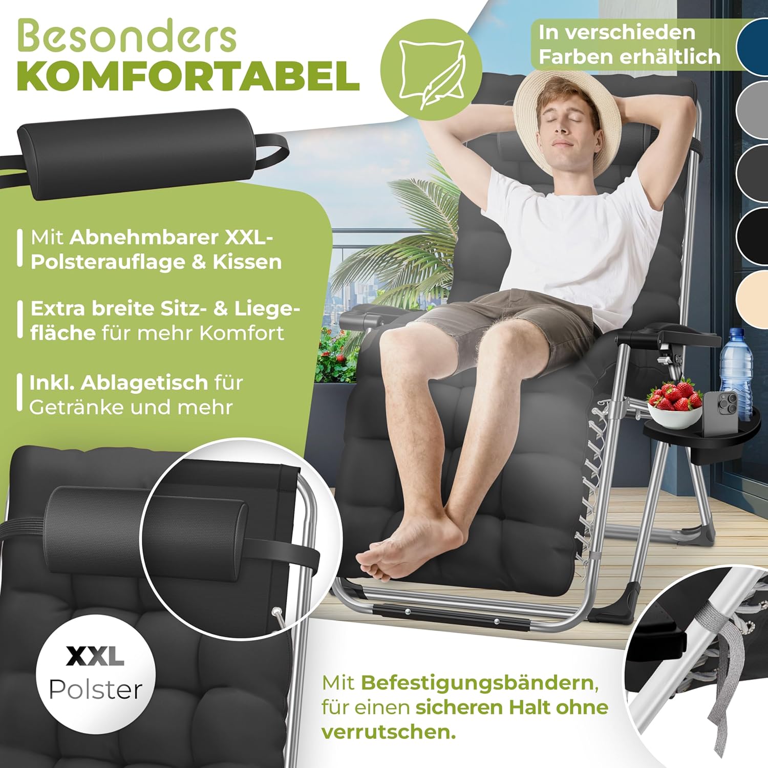 KESSER® Sonnenliege Liegestuhl Klappbar & Wetterfest, Gartenstuhl Belastbar 200kg Ergonomisches Polster Extra Breit Verstellbare Rückenlehne Gartenliege inkl. Nackenkissen & Getränkehalter, Schwarz