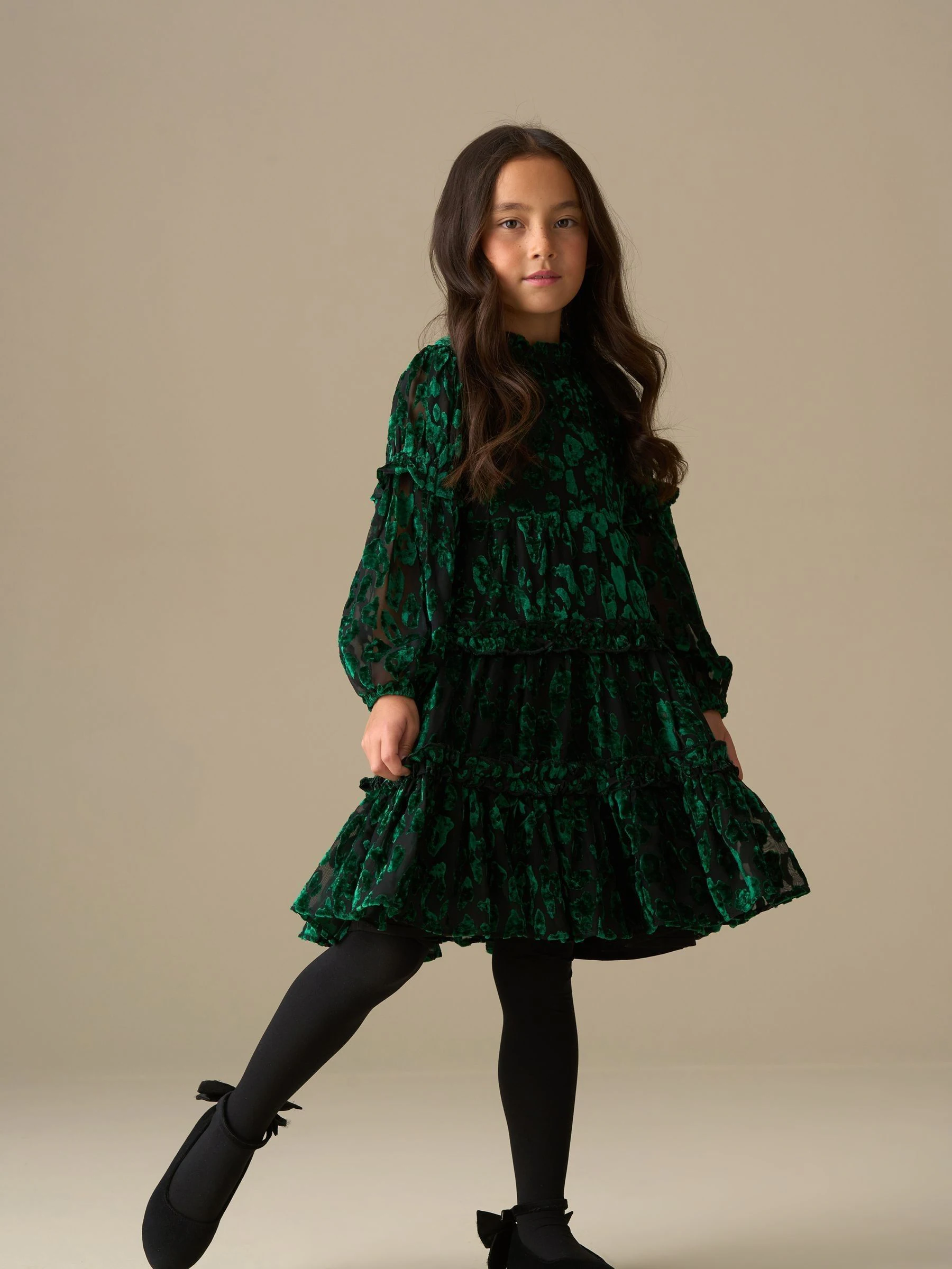 Groen - Angel & Rocket Poppy Devore Velvet Tiered Dress