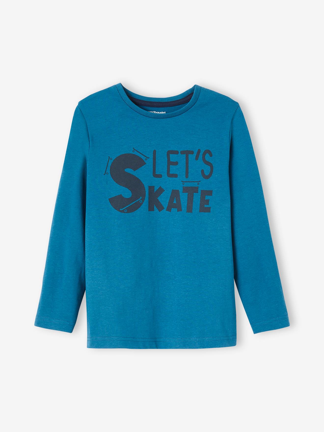 Camiseta infantil masculina lisa azul-médio com estampas e mensagem gráfica.