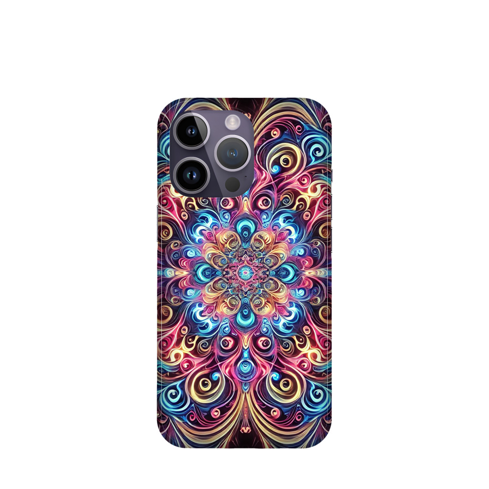 iPhone 14 Pro Kunststoff Hülle Neon Mandala - Blau / Gelb / Rot