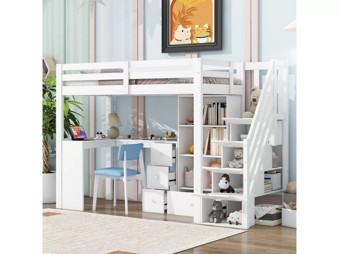 Lit mezzanine 90 x 200 cm avec Bureau, Tiroirs et Placard - Pin + MDF - Blanc (sans matelas)