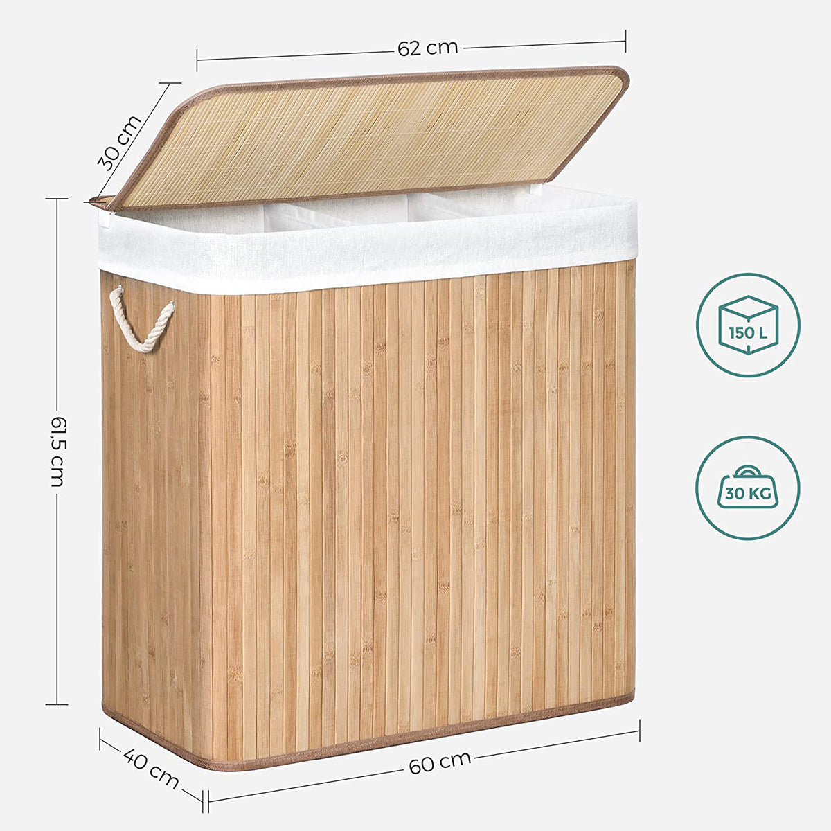 Calicosy - Wasmand van bamboe met 3 compartimenten, 150L - H61,5 cm