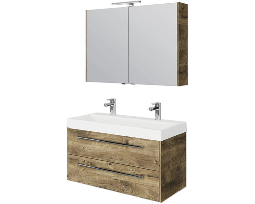 Badkamermeubelset Pelipal Milano (B x H x D): 100 x 200 x 45 cm, fronten van Ribbeck-eikenhout, met dubbele wastafel van wit gegoten mineraal (SET-138-045)