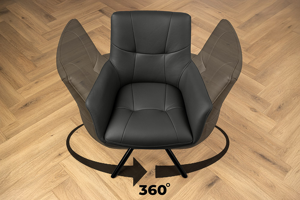 Drehbarer Design Stuhl SIGNATURE schwarz Echtleder 360° Taschenfederkern Metall