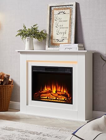 BALDERIA Finn Elektrokamin - Standkamin mit Heizung 2000 W, realistischer 3D-Flammeneffekt, Ambientebeleuchtung, Fernbedienung, Timer, Thermostat - Weiß