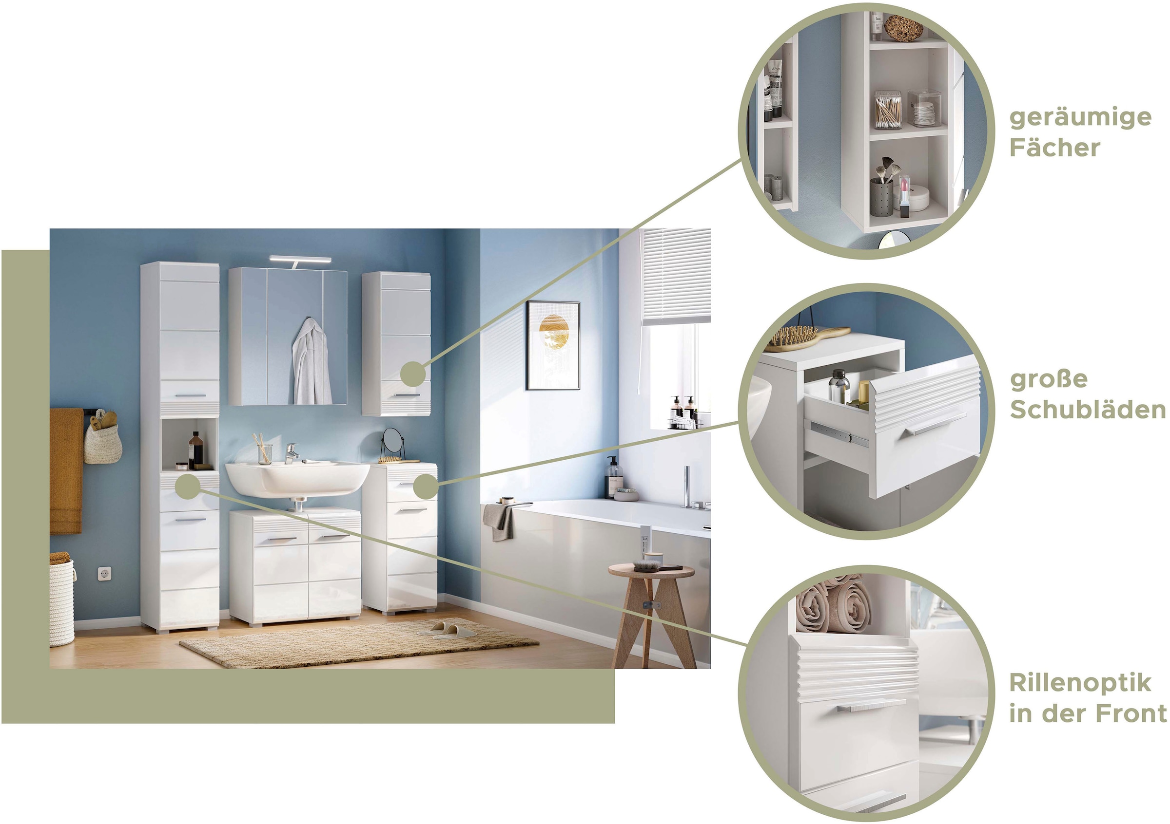 INOSIGN Hochschrank »Malmö, Breite 30 cm, 2 Türen, 1 Schubkasten, 1 offenes Fach, MDF-Front« in verschiedenen Farben erhältlich, Badmöbel, Badschrank, Schrank, Bad
