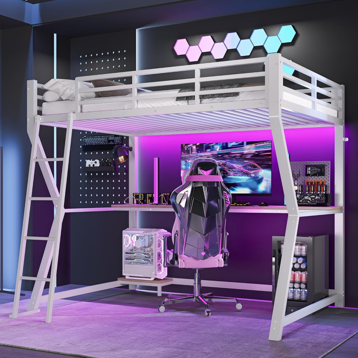 Hochbett mit Schreibtisch und Computerkonsolenablage 90x200 cm, Etagenbett Metallbett mit LED-Ambientelicht & USB und Steckdose, Funktionsbett Stockbett Spielbett Jugendhochbett, Weiß, Ohne Matratze