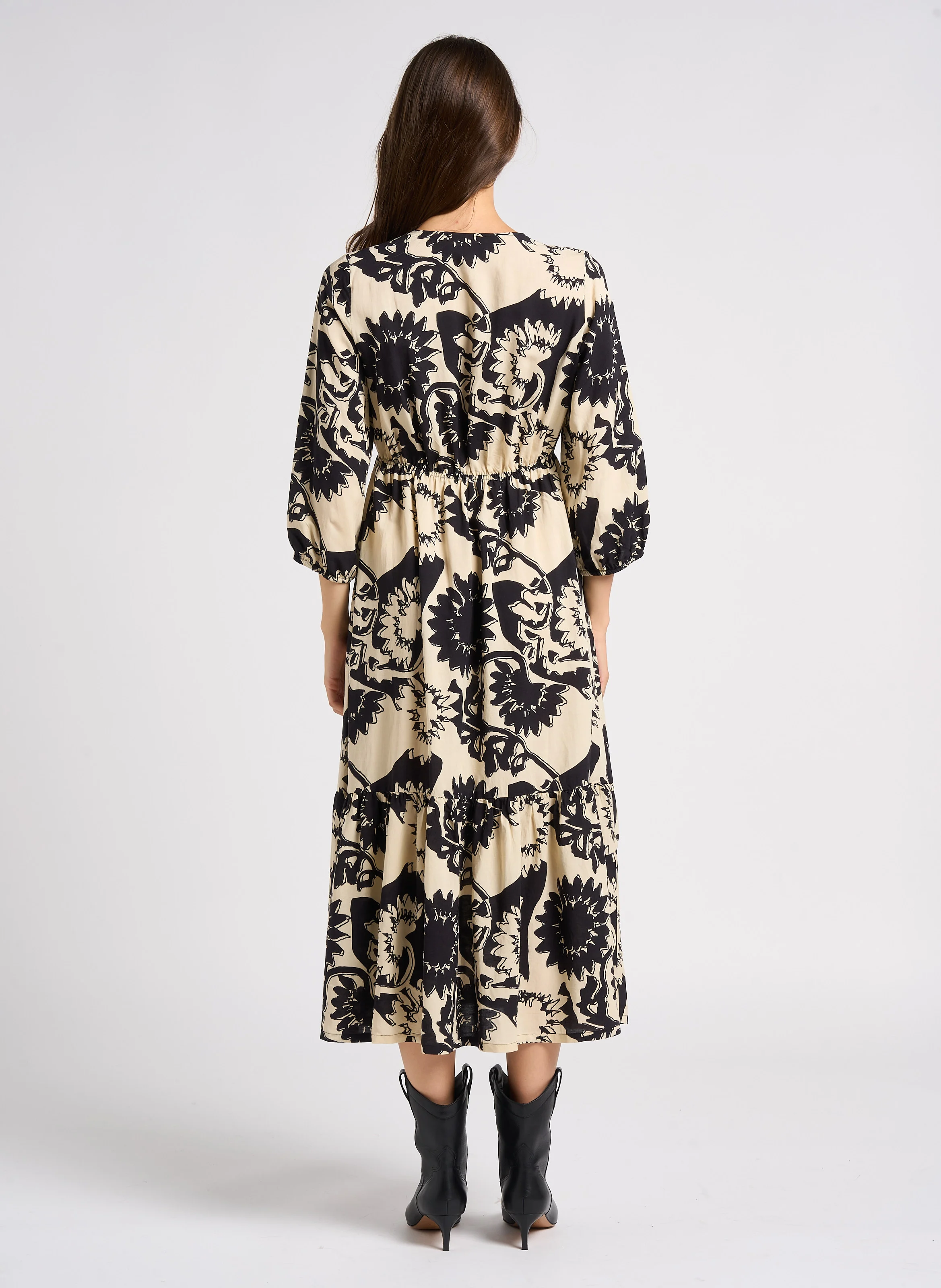 FERAE - Robe midi col V à imprimé floral | Noir