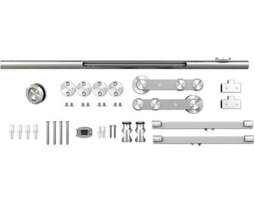 Pertura Tildra schuifdeurbeslagset, geborsteld roestvrij staal, voor glazen deuren, L: 1860 mm, inclusief soft-close mechanisme en verzonken handgreep.