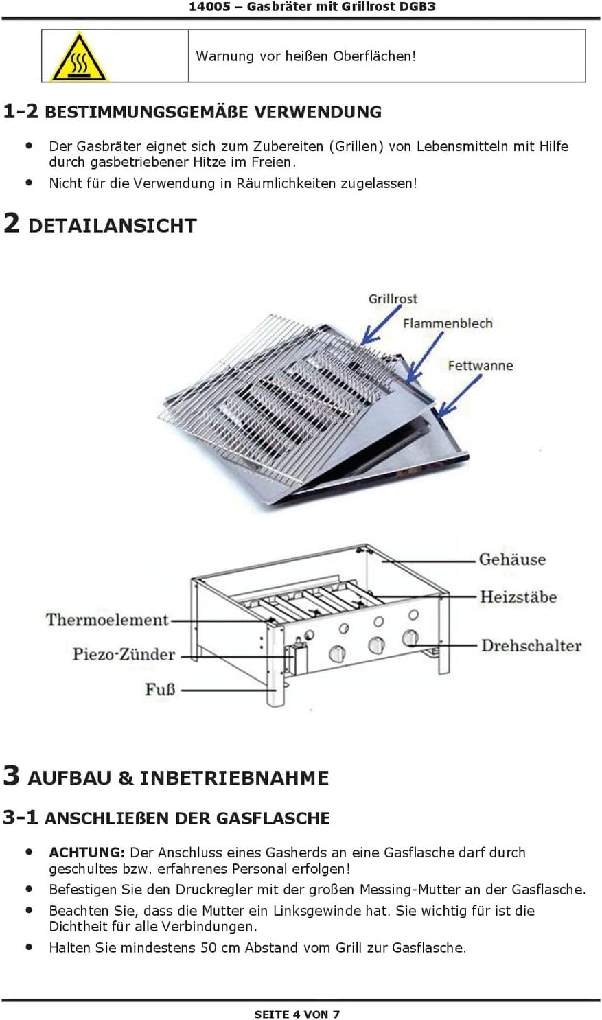 DEMA Edelstahl Gasbräter – 3-flammiger Gastrobräter mit 10 kW, Gasgrill & Tischgrill inkl. Grillrost