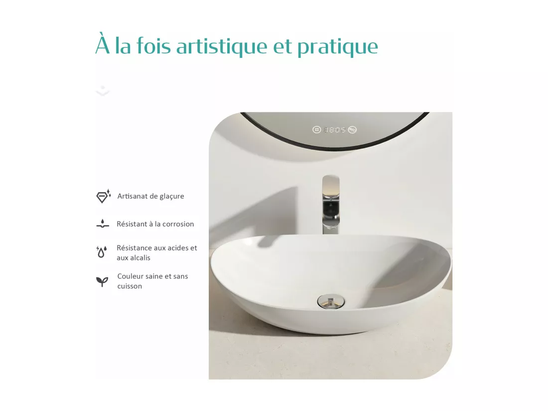 EMKE Vasque à Poser en céramique 35×27×11cm, Lavabo salle de bain Ovale, Lavabo à poser blanc brillant