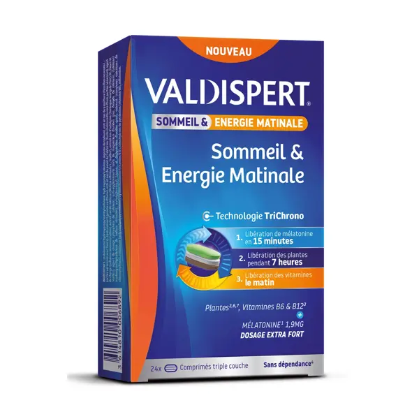 Valdispert Sommeil & Energie Matinale Mélatonine 1,9mg Vitamines B6 et B12 Vegan 24 comprimés