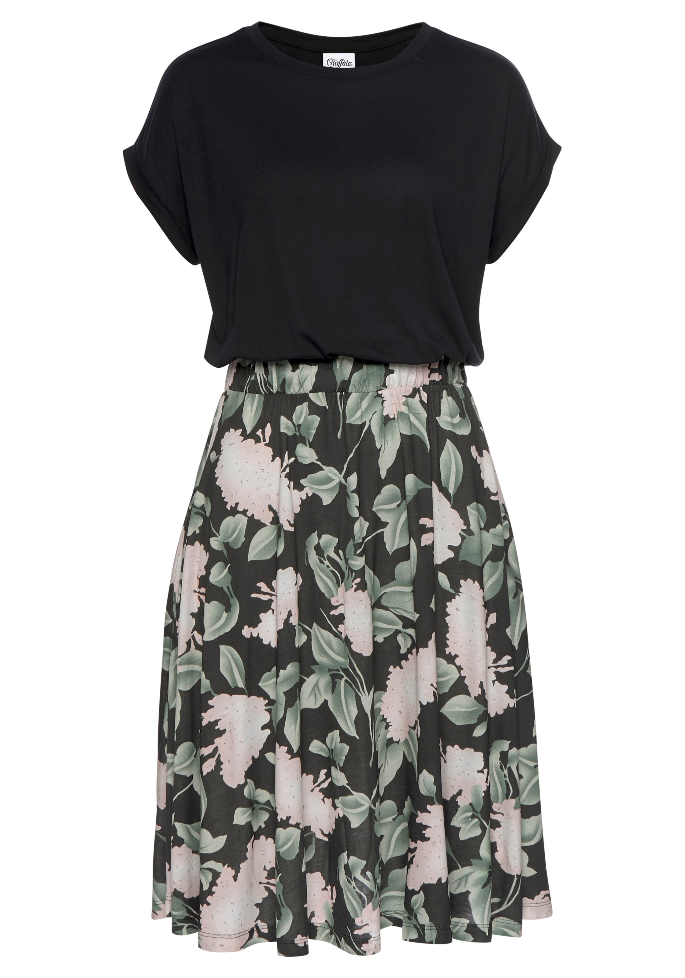 Buffalo Jerseykleid mit Paperbag-Bund und bedrucktem Rock, kurzes Sommerkleid, Strandkleid