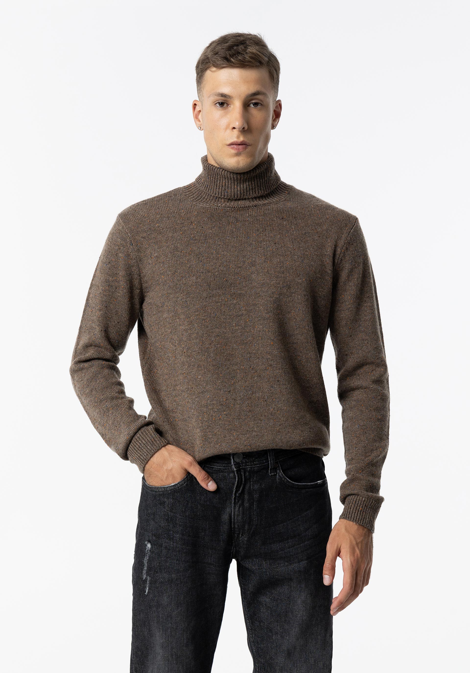 Camisola de Malha Mesclada de Gola Alta