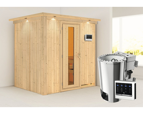 Energiezuinige modulaire sauna Karibu Benina inclusief 3,6 kW biooven en externe regeleenheid met dakrand, houten deur en geïsoleerd glas