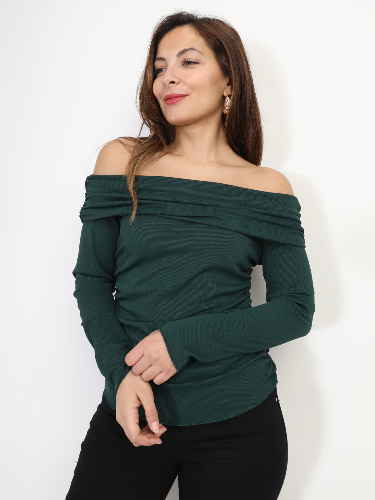 Top col bardot et fronces- Vert foncé