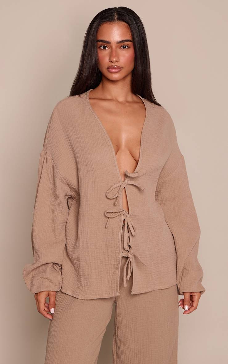 Champignon Chemise Petite À Texture Gaze De Coton Avec Nœud Devant Coordonné
